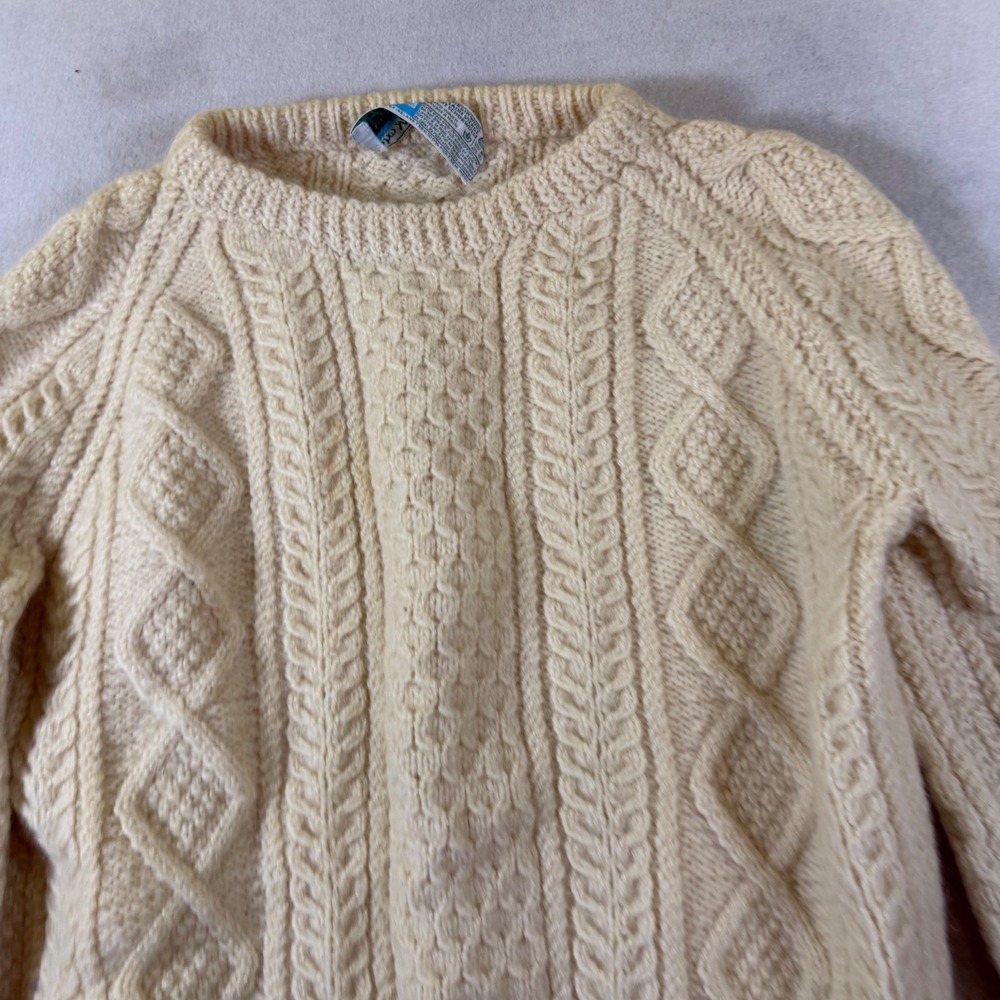 John Molloy Ireland Pure Virgin Wool Aran Fisherman Cable Knit Sweater Cream L